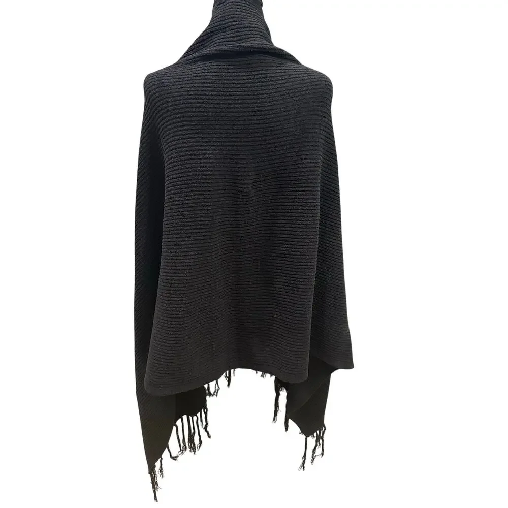 Nature EUC Black Ribbed Knit Fringe Poncho Wrap Arm Holes 70